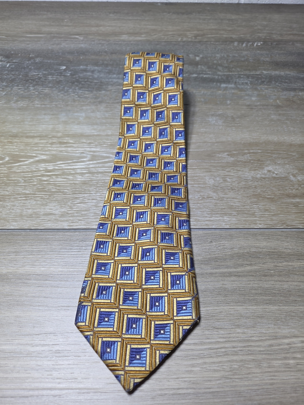 XMI Signature Men's Blue Gold Geometric Square Pattern Neck Tie